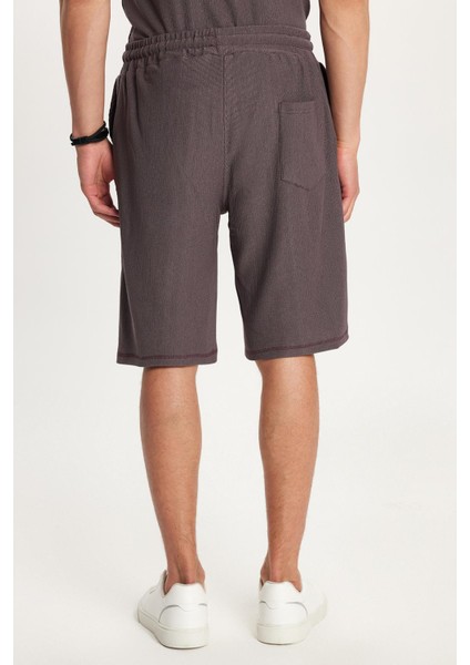 Erkek Standart Fit Pamuklu Jakarlı Baskılı Bisiklet Yaka Beli Bağcıklı Mor Şort Takım