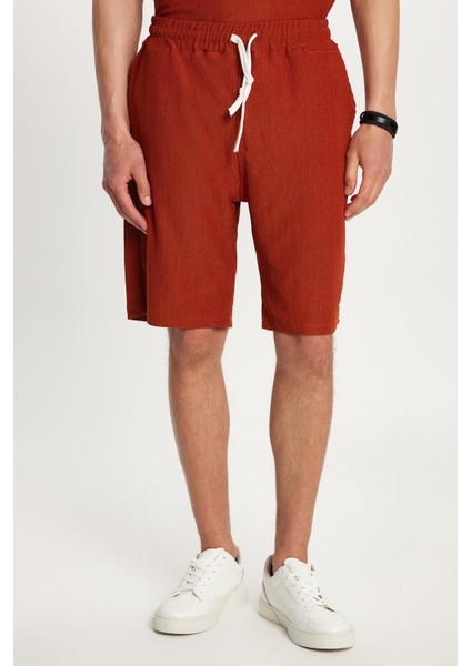 Erkek Standart Fit Pamuklu Jakarlı Baskılı Bisiklet Yaka Beli Bağcıklı Kiremit Şort Takım fiyatları