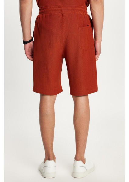 Erkek Standart Fit Pamuklu Jakarlı Baskılı Bisiklet Yaka Beli Bağcıklı Kiremit Şort Takım