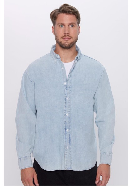 Erkek Relax Fit Rahat Kesim %100 Pamuk Denim Kot Mavi Düğmeli Yaka Gömlek fiyatları