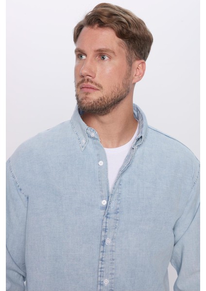 Erkek Relax Fit Rahat Kesim %100 Pamuk Denim Kot Mavi Düğmeli Yaka Gömlek modelleri