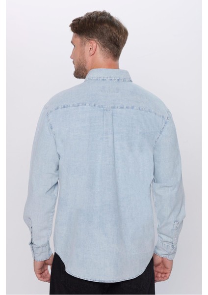 Erkek Relax Fit Rahat Kesim %100 Pamuk Denim Kot Mavi Düğmeli Yaka Gömlek indirimleri