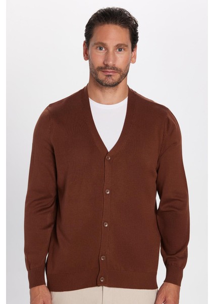 Erkek Standart Fit Normal Kesim Düğmeli Düz Pamuklu Kahverengi Hırka fırsatları