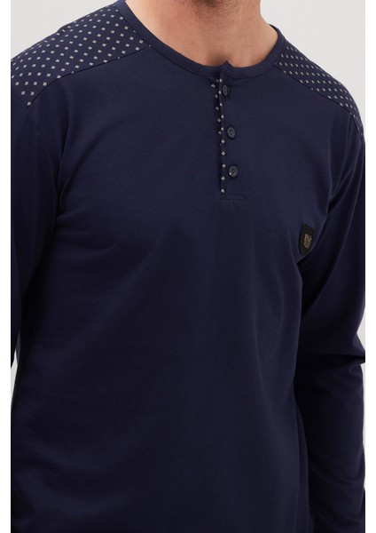 Erkek Standart Fit Normal Kesim %100 Pamuk Bisiklet Yaka Beli Lastikli Lacivert Pijama Takımı modelleri