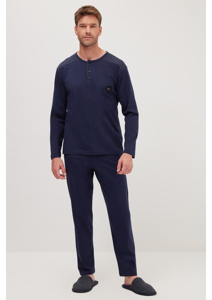Erkek Standart Fit Normal Kesim %100 Pamuk Bisiklet Yaka Beli Lastikli Lacivert Pijama Takımı fırsatları