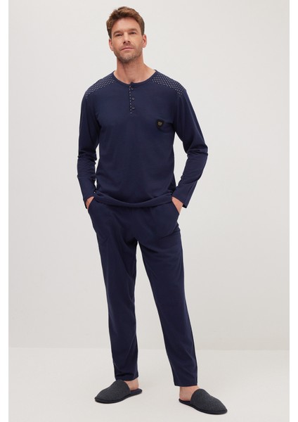 Erkek Standart Fit Normal Kesim %100 Pamuk Bisiklet Yaka Beli Lastikli Lacivert Pijama Takımı indirimleri