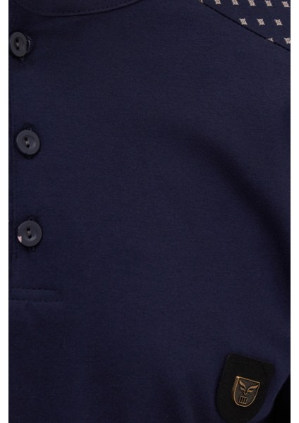 Erkek Standart Fit Normal Kesim %100 Pamuk Bisiklet Yaka Beli Lastikli Lacivert Pijama Takımı