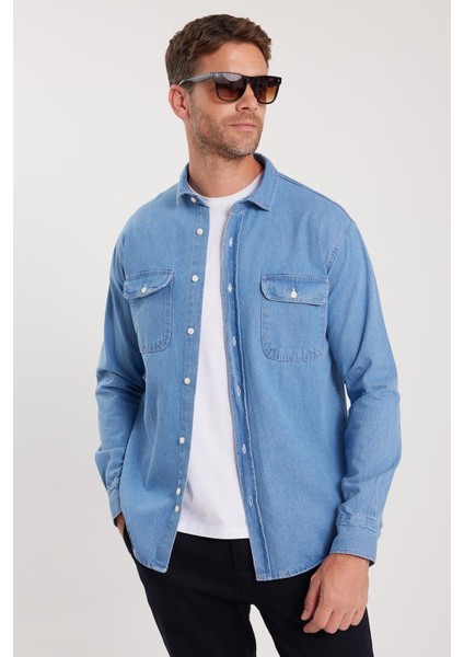 Erkek Relax Fit Rahat Kesim Spor Yaka Çift Cep Kapaklı Denim Gömlek fiyatları