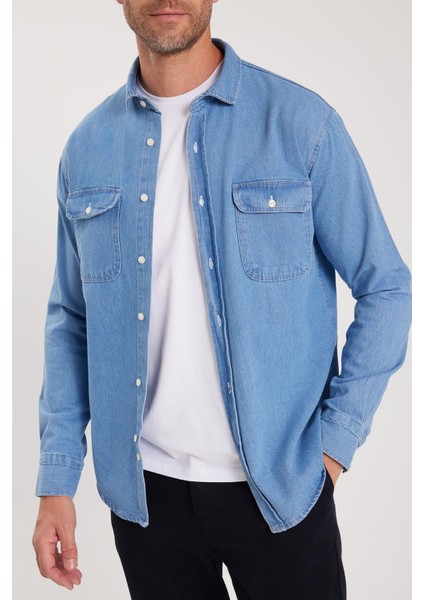 Erkek Relax Fit Rahat Kesim Spor Yaka Çift Cep Kapaklı Denim Gömlek modelleri