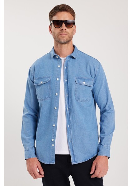 Erkek Relax Fit Rahat Kesim Spor Yaka Çift Cep Kapaklı Denim Gömlek fırsatları