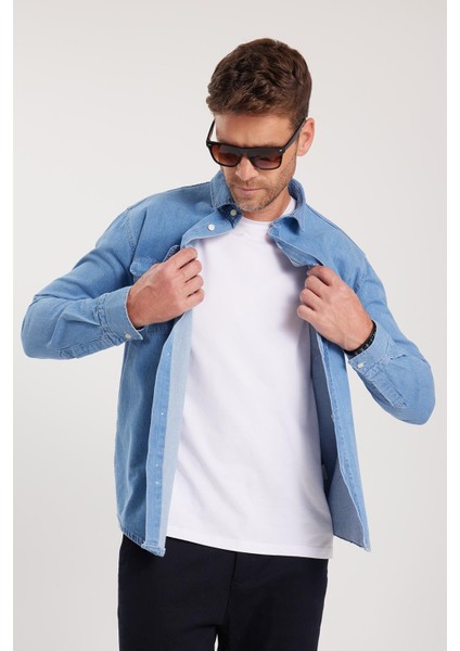Erkek Relax Fit Rahat Kesim Spor Yaka Çift Cep Kapaklı Denim Gömlek indirimleri