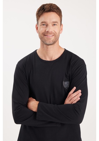 Erkek Standart Fit %100 Pamuk Bisiklet Yaka Beli Lastikli Siyah Pijama Takımı fiyatları