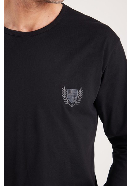 Erkek Standart Fit %100 Pamuk Bisiklet Yaka Beli Lastikli Siyah Pijama Takımı modelleri