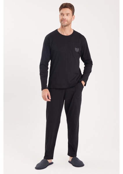 Erkek Standart Fit %100 Pamuk Bisiklet Yaka Beli Lastikli Siyah Pijama Takımı fırsatları