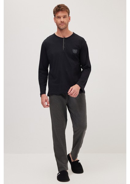 Erkek Standart Fit Normal Kesim %100 Pamuk Bisiklet Yaka Beli Lastikli Antrasit Pijama Takımı fırsatları