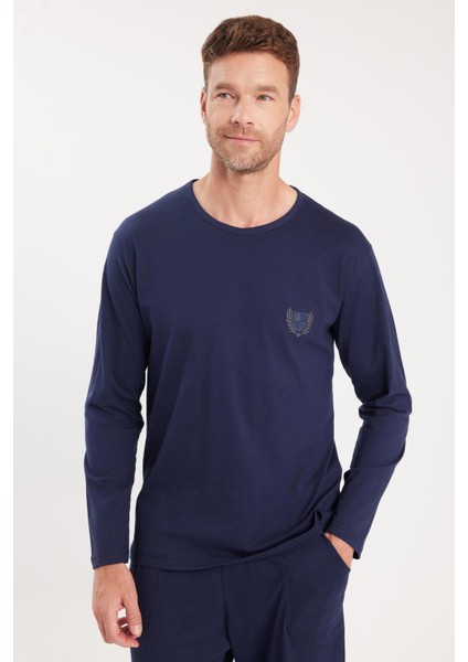 Erkek Standart Fit %100 Pamuk Bisiklet Yaka Beli Lastikli Lacivert Pijama Takımı fiyatları