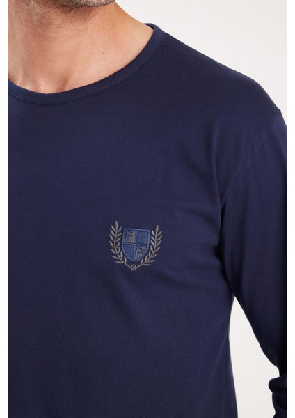 Erkek Standart Fit %100 Pamuk Bisiklet Yaka Beli Lastikli Lacivert Pijama Takımı modelleri