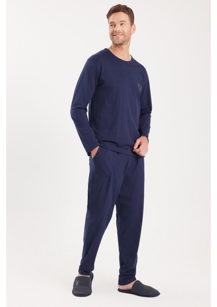 Erkek Standart Fit %100 Pamuk Bisiklet Yaka Beli Lastikli Lacivert Pijama Takımı fırsatları