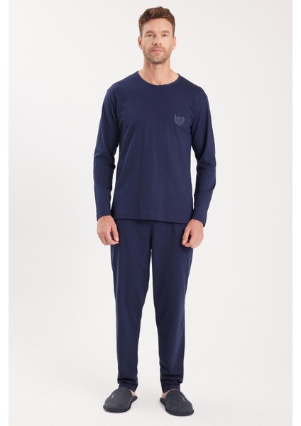 Erkek Standart Fit %100 Pamuk Bisiklet Yaka Beli Lastikli Lacivert Pijama Takımı indirimleri