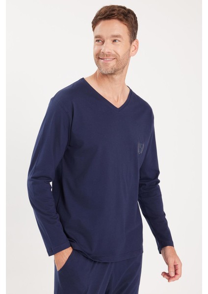 Erkek Standart Fit %100 Pamuk V Yaka Beli Lastikli Lacivert Pijama Takımı fiyatları