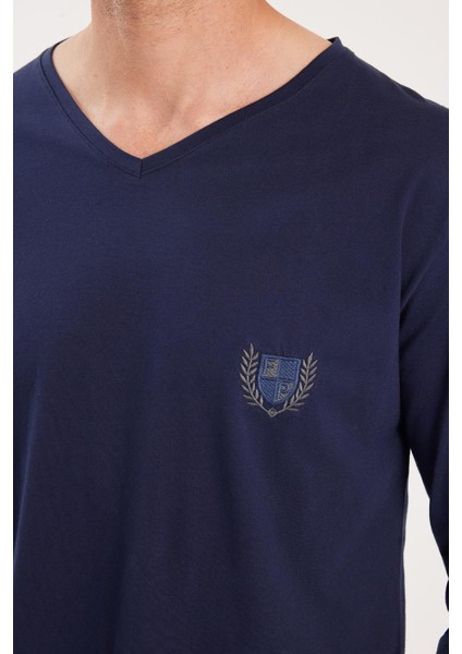 Erkek Standart Fit %100 Pamuk V Yaka Beli Lastikli Lacivert Pijama Takımı modelleri
