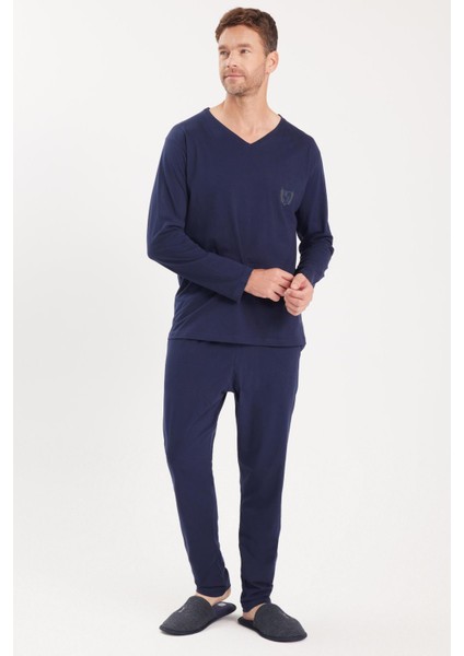 Erkek Standart Fit %100 Pamuk V Yaka Beli Lastikli Lacivert Pijama Takımı fırsatları