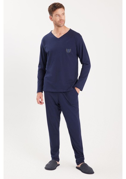Erkek Standart Fit %100 Pamuk V Yaka Beli Lastikli Lacivert Pijama Takımı indirimleri