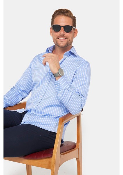 Erkek Regular Fit Klasik Kesim Pamuklu Kolay Ütü Çizgili Gömlek