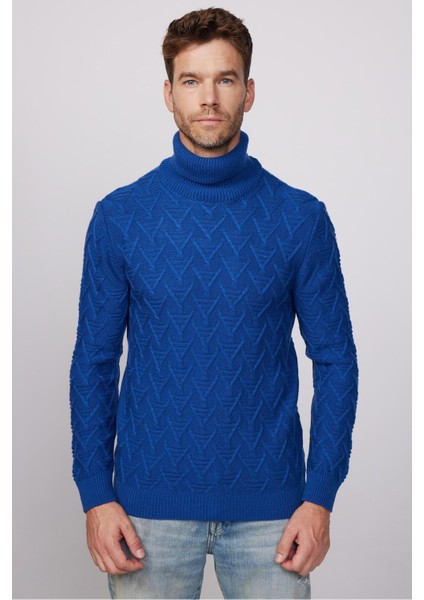 Erkek Slim Fit Dar Kesim Tam Balıkçı Yaka Desenli Lacivert Triko Kazak fiyatları