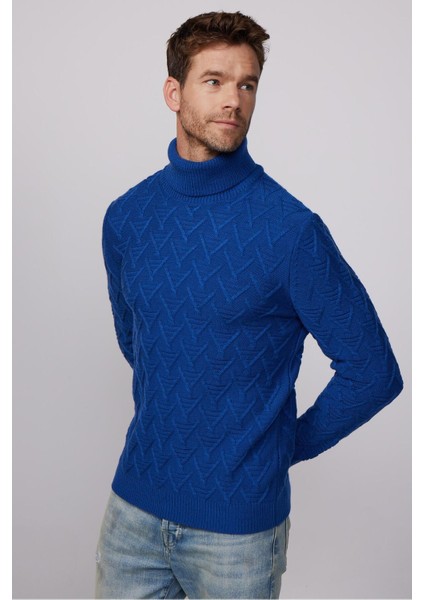 Erkek Slim Fit Dar Kesim Tam Balıkçı Yaka Desenli Lacivert Triko Kazak modelleri