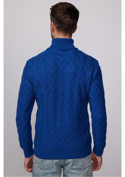 Erkek Slim Fit Dar Kesim Tam Balıkçı Yaka Desenli Lacivert Triko Kazak indirimleri