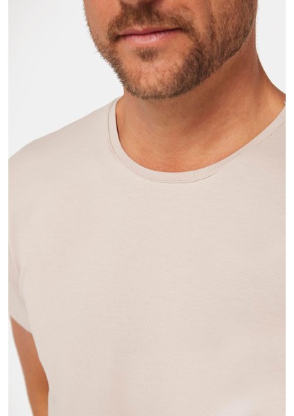 Erkek Slim Fit Dar Kesim Pamuklu Yumuşak Dokulu Likralı Esnek Kumaş Düz Basic Taş Renk Bisiklet Yaka fırsatları