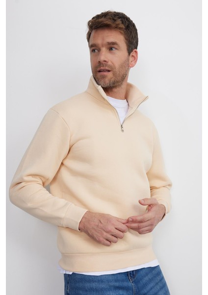 Unisex Relax Fit Rahat Kesim Pamuklu İçi Polarlı Yarım Fermuarlı Ekru Dik Yaka Sweatshirt fiyatları