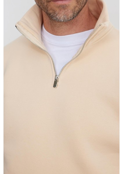 Unisex Relax Fit Rahat Kesim Pamuklu İçi Polarlı Yarım Fermuarlı Ekru Dik Yaka Sweatshirt modelleri