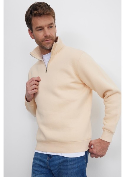 Unisex Relax Fit Rahat Kesim Pamuklu İçi Polarlı Yarım Fermuarlı Ekru Dik Yaka Sweatshirt fırsatları