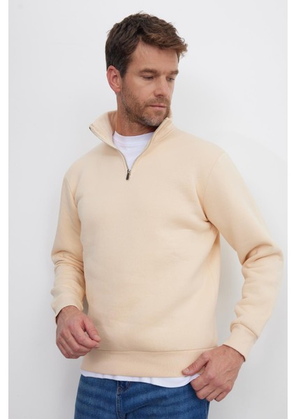 Unisex Relax Fit Rahat Kesim Pamuklu İçi Polarlı Yarım Fermuarlı Ekru Dik Yaka Sweatshirt indirimleri