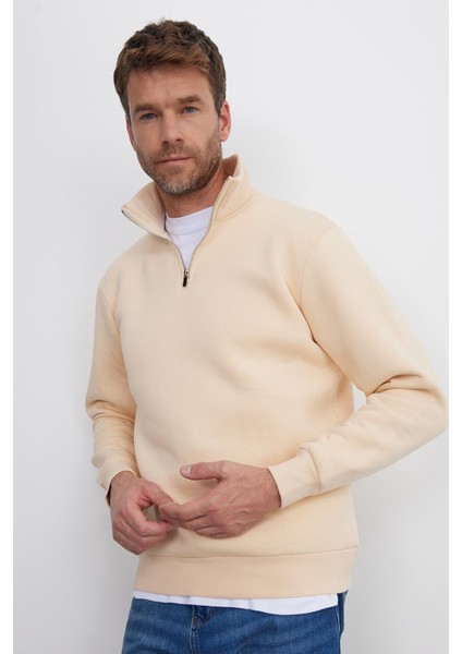 Unisex Relax Fit Rahat Kesim Pamuklu İçi Polarlı Yarım Fermuarlı Ekru Dik Yaka Sweatshirt