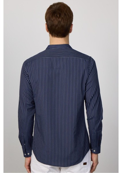 Slim Fit Uzun Kollu Hakim Yaka Pamuklu Kolay Ütü Çizgili Erkek Lacivert Gömlek indirimleri
