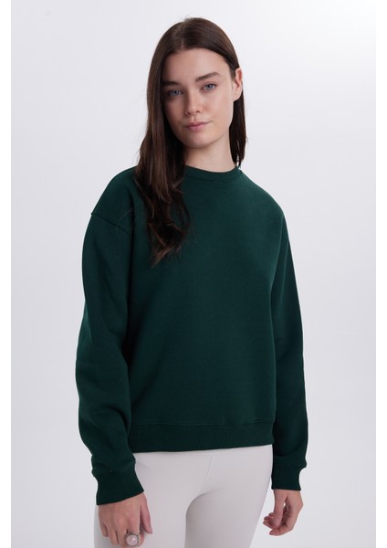 Kadın Oversize Geniş Kesim Pamuklu Bisiklet Yaka Yeşil Sweatshirt fiyatları