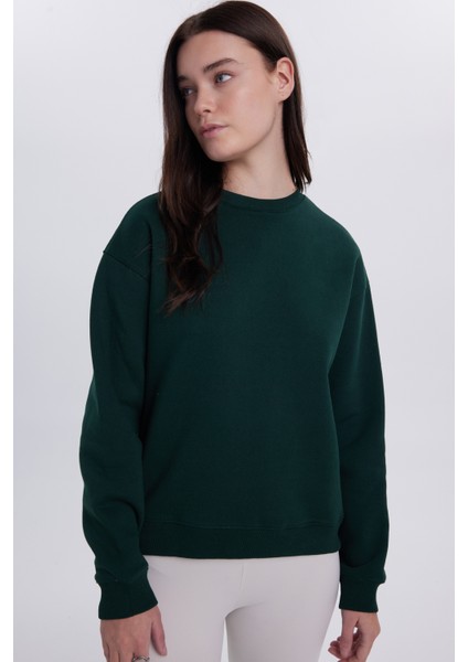 Kadın Oversize Geniş Kesim Pamuklu Bisiklet Yaka Yeşil Sweatshirt fırsatları