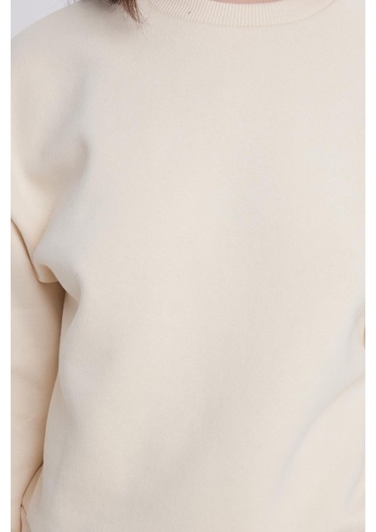 Kadın Regular Fit Pamuklu 3 İplik Yumuşak Dokulu İçi Polarlı Bisiklet Yaka Taş Eşofman Takımı