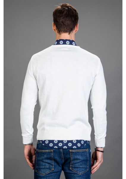 Erkek Standart Fit Normal Kesim V Yaka Pamuklu Beyaz Triko Kazak fırsatları