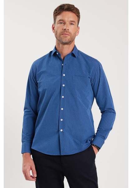 Erkek Regular Fit Klasik Kesim İnce Çizgili Pamuklu Kravatlık Yaka Gömlek indirimleri
