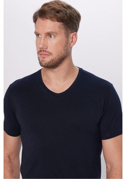 Erkek Slim Fit Dar Kesim %100 Pamuk Yumuşak Dokulu Lacivert V Yaka Tişört modelleri