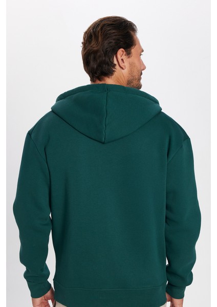 Unisex Relax Fit Rahat Kesim Pamuklu İçi Polarlı Çift Cepli Fermuarlı Yeşil Kapüşonlu Sweatshirt indirimleri