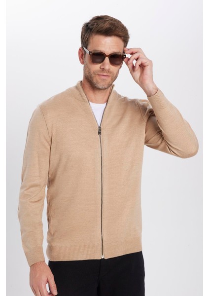 Unisex Slim Fit Dar Kesim Bej Dik Yaka Fermuarlı Düz Hırka fiyatları