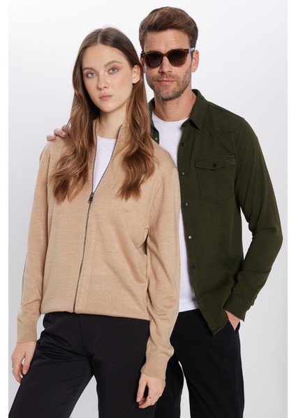 Unisex Slim Fit Dar Kesim Bej Dik Yaka Fermuarlı Düz Hırka modelleri