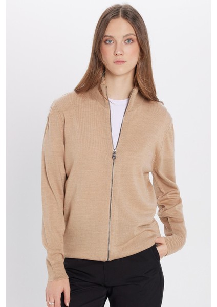 Unisex Slim Fit Dar Kesim Bej Dik Yaka Fermuarlı Düz Hırka fırsatları