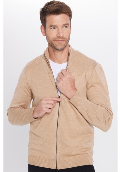Unisex Slim Fit Dar Kesim Bej Dik Yaka Fermuarlı Düz Hırka indirimleri