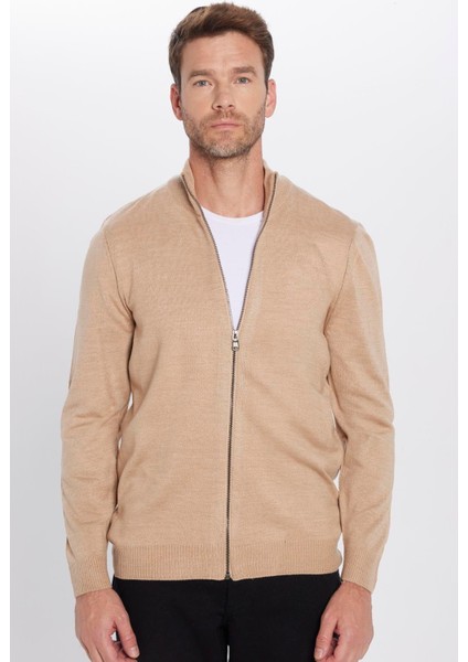 Unisex Slim Fit Dar Kesim Bej Dik Yaka Fermuarlı Düz Hırka